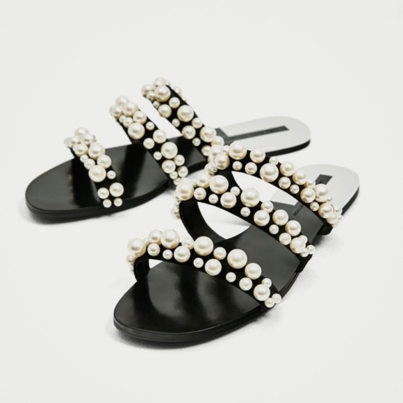 NWT Zara Flat Sandals with pearl embellished straps - Picture 9 of 17